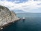 aerial photo of rock Parus Sail and Ayu-Dag Bear Mountain and near Gaspra, Yalta, Crimea at bright sunny day over