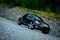 Aerial photo session of fast coupe girls car ground view