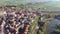 Aerial photo of Simancas with view of Pisuerga river and bridge.