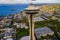 Aerial photo of the Space Needle observation tower in Seattle wi