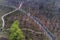 Aerial photo of three mountain forest park outdoor sports festival.