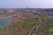 Aerial photo of three mountain forest park outdoor sports festival.