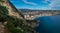 Aerial photo to salt lake and Mediterranean Seascape, Calpe or Calp resort spanish town above view from Penon de Ifach or Penyal d