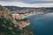 Aerial photo to salt lake and Mediterranean Seascape, Calpe or Calp resort spanish town, top view from Penon de Ifach or Penyal d