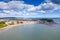 Aerial photo of the town centre of Scarborough in East Yorkshire in the UK showing the coastal beach and harbour with boats and