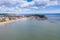 Aerial photo of the town centre of Scarborough in East Yorkshire in the UK showing the coastal beach and harbour with boats and