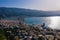 Aerial photo view of Poros Greece. Sunny day in Greek island. bay sea ships and yachts. Tourist destination