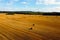 Aerial photo. View of the yellow harvested field. Straw bales. Agriculture concept