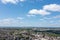 Aerial photo of the village of Morley in Leeds, West Yorkshire in the UK, showing an aerial drone view of the main street and