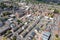 Aerial photo of the village of Morley in Leeds, West Yorkshire in the UK, showing an aerial drone view of the main street and