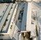 Aerial photo in winter, hall in the snow from sloping point of v