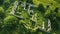 An aerial photograph showing a castle situated amidst a dense forest of trees, An aerial shot of historic ruins amidst a green