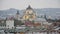 Aerial photograph, top view of the old European city, historic architecture, people walking, cars driving; Ukraine, Lviv, November