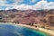 Aerial photography drone point of view of Playa de Las Teresitas beach picturesque distant view of mountainous terrain bright