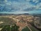Aerial photography drone point of view region Murcia, countryside area, agricultural fields and meadows. Spain