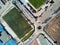 Aerial photography green football and regby fields directly from above panoramic view