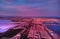 Aerial photography picturesque sunset over Torrevieja spanish resort town evening purple violet cloudy sky