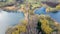Aerial photography of the spring city park. The shore of the reservoir