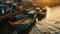 Aerial Photography, traditional fishing boats in a bustling Asian harbor, early morning, colorful wooden boats, rustic