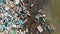 Aerial photography waterfront heap pile of garbage. Above top view plastic bottles rubbish pollution marine debris on lakeshore.