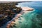 Aerial picture of the east coast of Mauritius Island. Flying above the turquoise lagoon of Mauritius in the region of Belle Mare