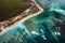 Aerial picture of the east coast of Mauritius Island. Flying above the turquoise lagoon of Mauritius in the region of Belle Mare