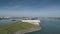 Aerial picture of Maeslantkering storm surge barrier on the Nieuwe Waterweg Netherlands it closes if the city of Rotterdam is