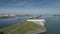 Aerial picture of Maeslantkering storm surge barrier on the Nieuwe Waterweg Netherlands it closes if the city of Rotterdam is