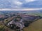 Aerial plant view of a quarry, stone factory on a cloudy evening