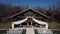 Aerial , playground with a wooden canopy for a wedding ceremony