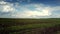 Aerial plowed field with dry plant residues under cloudy sky