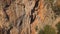 aerial point of view from drone of strong muscular man climbs on big rock tufa on challenging rock climbing route.