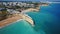 Aerial. Portuguese beach Senhora da Rocha, church on the cape, aerial view. Armacao de Pera Algarve