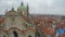 Aerial of Prague streets, red roofs, city of Praha church