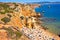 Aerial from Praia do Camillo on a rocky southcoast near Lagos in Portugal