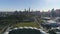 Aerial pullback shot of Melbourne city downtown panorama and Melbourne Rectangular Stadium, Melbourne, Victoria, Australia