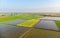 Aerial: rice paddies, flooded cultivated fields farmland rural italian countryside, agriculture occupation, sprintime in Piedmont,