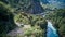 aerial of Rio Baker with white water rapids and turquoise river along the Carretera Austral, Patagonia, Chile.