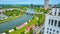 Aerial river greenway and Scioto Mile Promenade wide drone shot Columbus Ohio