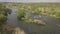 Aerial rocky landscape on Southern Bug River with rapids. Ukraine