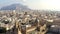 Aerial roofs and streets Old City. Action. Central part of old european city. Top view of the old part of the European