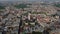 Aerial roofs and streets Old City Lviv, Ukraine. Panorama of the ancient town. City Council, Town Hall, Ratush, old