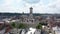 Aerial Roofs and streets Old City Lviv, Ukraine. Panorama of the ancient town. Town Hall, Ratush. Drone shot