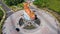 Aerial roundabout with fish statue with barong head in Pelabuhan Benoa harbor in Bali