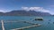 Aerial salmon farms at Reloncavi marine strait at Llanquihue National Park, Chile, South America.