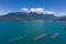 Aerial salmon farms at Reloncavi marine strait at Llanquihue National Park, Chile, South America.