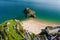 Aerial of a sandy beach in a picturesque resort Castle Beach, Tenby, Wales