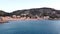 Aerial scene of Italian Riviera village coast houses by the sea with boats in Italy