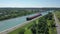 Aerial scene of a Lake Freighter sailing in the Welland Canal, Canada 4K