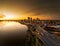 Aerial scene of night long exposure of a bridge over water with cars in Louisville, Kentucky, USA